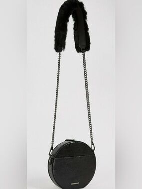 Rebecca Minkoff mini crossbody/clutch rabbit fur on top of strap, leather bag.
